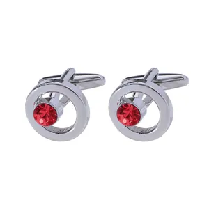 Classic silver metal cufflinks with central red crystal inlay for men business suit
