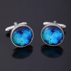 Classic silver cufflinks for men with deep blue marble pattern and polished finish