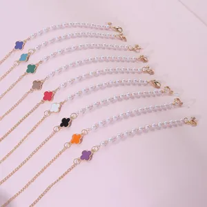 Kids Faux Artificial Pearl Eyewear Chain With Colorful Clover Enamel Charms Alloy Anti-lost Glasses Strap Mask Lanyard For Girls Jewelry