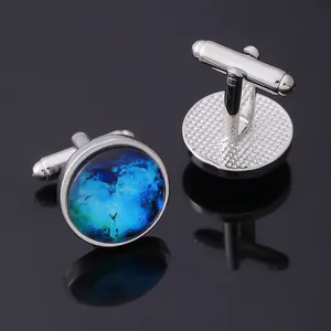 Starry sky round cufflinks for men in silver finish with deep blue marble texture