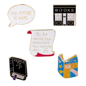 Juego de cinco pines de esmalte de libros de dibujos animados y diseños de librerías
