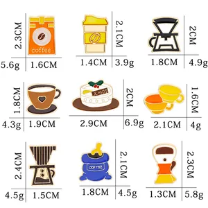 Set of 9 vintage coffee enamel pins including coffee pots and Christmas cake badges