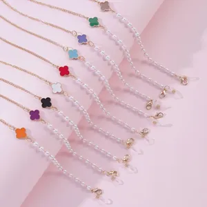 Colorful four leaf clover glasses chains with pearls and gold metal links set