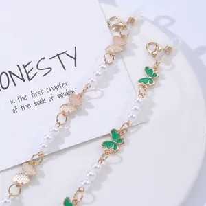 Elegant gold glasses chain with green enamel butterflies and white pearls for women and kids