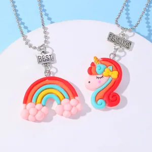 Collares Best Friends Arco Iris Unicornio Aleación Arcilla Polimérica Corazón Joyería para Niños Niñas Regalo Amistad Collares