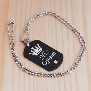 Matching couple crown necklace with black rectangular pendant featuring His Queen text