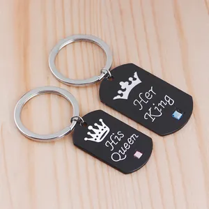 Matching Her King and His Queen crown couple keychains with small colored rhinestones