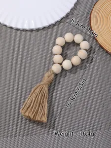 Detail showing natural wood bead napkin ring dimensions with rustic jute tassel decoration