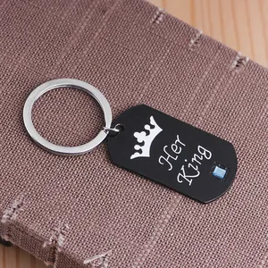 Close-up of Her King engraved black pendant with crown icon and blue zircon inlay