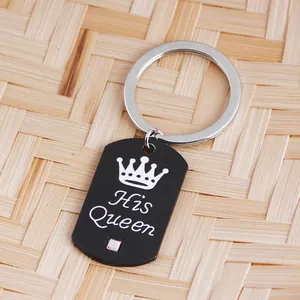 Close-up of black stainless steel keychain with His Queen text and crystal detail