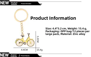 Dettagli portachiavi bici gialla in lega di zinco con misure 4,4x3,2cm e peso del prodotto