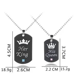 Her King His Queen crown engraved couple necklaces with blue and pink crystals