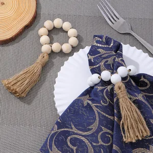 Rustic Wooden Bead Napkin Rings With Tassels Wood Beads Hemp Rope Napkin Holders For Wedding Party Home Table Decor
