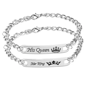 Polished stainless steel couple bracelets with His Queen and Her King engraved tags
