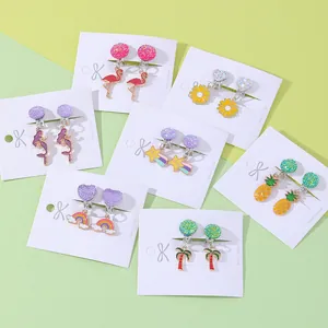 Set of 7 colorful clip-on earrings for girls with mermaid and flamingo cartoon designs