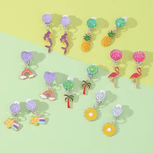Kids Cartoon Clip On Earrings Set Alloy Enamel Mermaid Rainbow Flamingo Ear Clips For Little Girls No Pierced Jewelry Gift