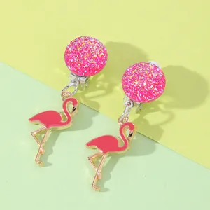 Pink flamingo clip-on earrings for girls featuring sparkling sequins and gold alloy finish