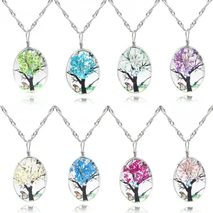 Collier Pendentif Ovale En Verre Alliage Vintage Arbre De Vie Fleurs Séchées Chaîne Torsadée Argent Bijoux Artistiques Femme
