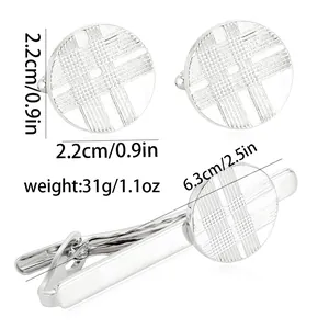 Silver cufflinks and tie clip set with textured grid pattern and size dimensions