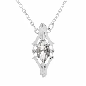 Vintage silver locket necklace with marquise-cut crystal in gothic floral frame