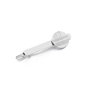 Men's silver polished geometric tie clip with fine cross-grid pattern engraving on round head