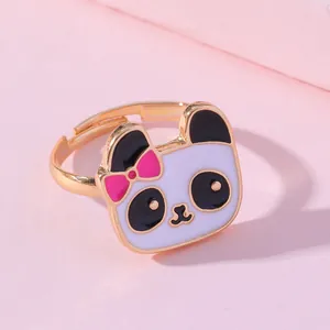 Adjustable golden open ring for children featuring a cute panda with pink bow detail