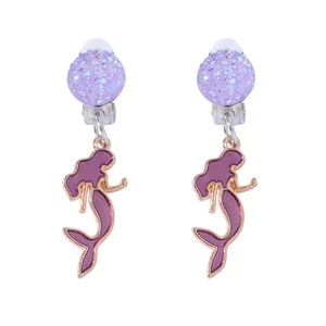 Kids clip-on earrings featuring purple glitter mermaid charms and round studs