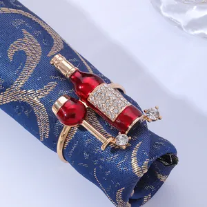Luxury Alloy Wine Bottle And Glass Napkin Ring With Red Enamel Rhinestones Gold Plated Table Decor For Wedding Banquet Party Dinner