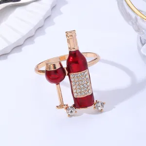 Creative gold wine bottle and glass ring with red enamel and pavé zircons jewelry