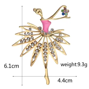 Detail view showing dimensions of a ballet dancer brooch with pink enamel and rhinestones