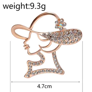 Detail showing lady profile brooch with rose gold finish, clear crystals and dimensions