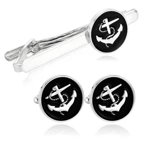 Men Alloy Anchor Tie Clip and Cufflinks Set Silver Gold Nautical Enamel Business Suit Wedding Formal Accessories Jewelry
