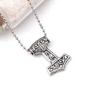 Vintage silver Viking Mjolnir hammer necklace with Nordic totems on bead chain