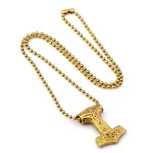 Vintage gold Mjolnir Thor hammer pendant on ball chain with Nordic engravings