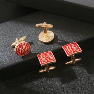 Golden wedding cufflinks with red enamel Double Happiness design in round and square shapes