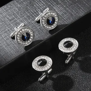 Silver cufflinks with black and blue zircon stones and sparkling rhinestone border