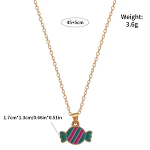 Detail of candy-shaped striped pendant with dimensions and chain length specifications