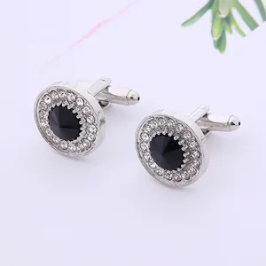 Silver round cufflinks with large black crystal and double row of clear cubic zirconia