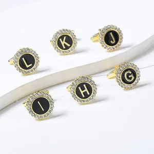 Gold round initial cufflinks with black enamel and crystal border for men's shirts
