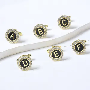 Men's French Round Enamel Letter Cufflinks Alloy Gold Plated White Rhinestone Shirt Cuff Studs Alphabet Jewelry For Business Wedding Gift
