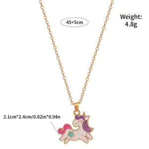 Cartoon unicorn pendant necklace with colorful enamel finish and golden link chain