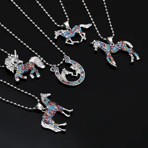 Kids Alloy Colorful Rhinestone Unicorn Horse Pendant Necklace Silver Round Ball Chain Animal Fashion Jewelry Gift For Children