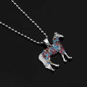 Unicorn horse pendant necklace with colorful rhinestones and silver ball chain