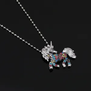 Colorful rhinestone unicorn pendant necklace with silver bead chain for kids jewelry