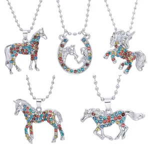 Five assorted unicorn and horse necklaces with colorful rhinestones on beaded chains