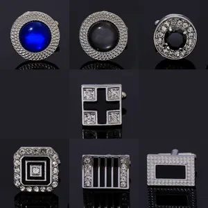 Collection of luxury geometric business cufflinks in silver metal with crystals and enamel