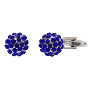 Classic round cufflinks with blue sparkling crystals and silver-tone metal toggle closure