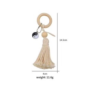 Bohemian wood bead napkin ring with cotton tassel and Tai Chi pendant decoration