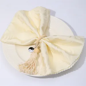 Bohemian Wood Bead Napkin Ring With Cotton Tassel Yin Yang Tai Chi Pendant Farmhouse Decorative Napkin Holder For Table
