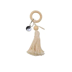 Bohemian wooden bead napkin ring with cotton tassel and Tai Chi pendant decoration